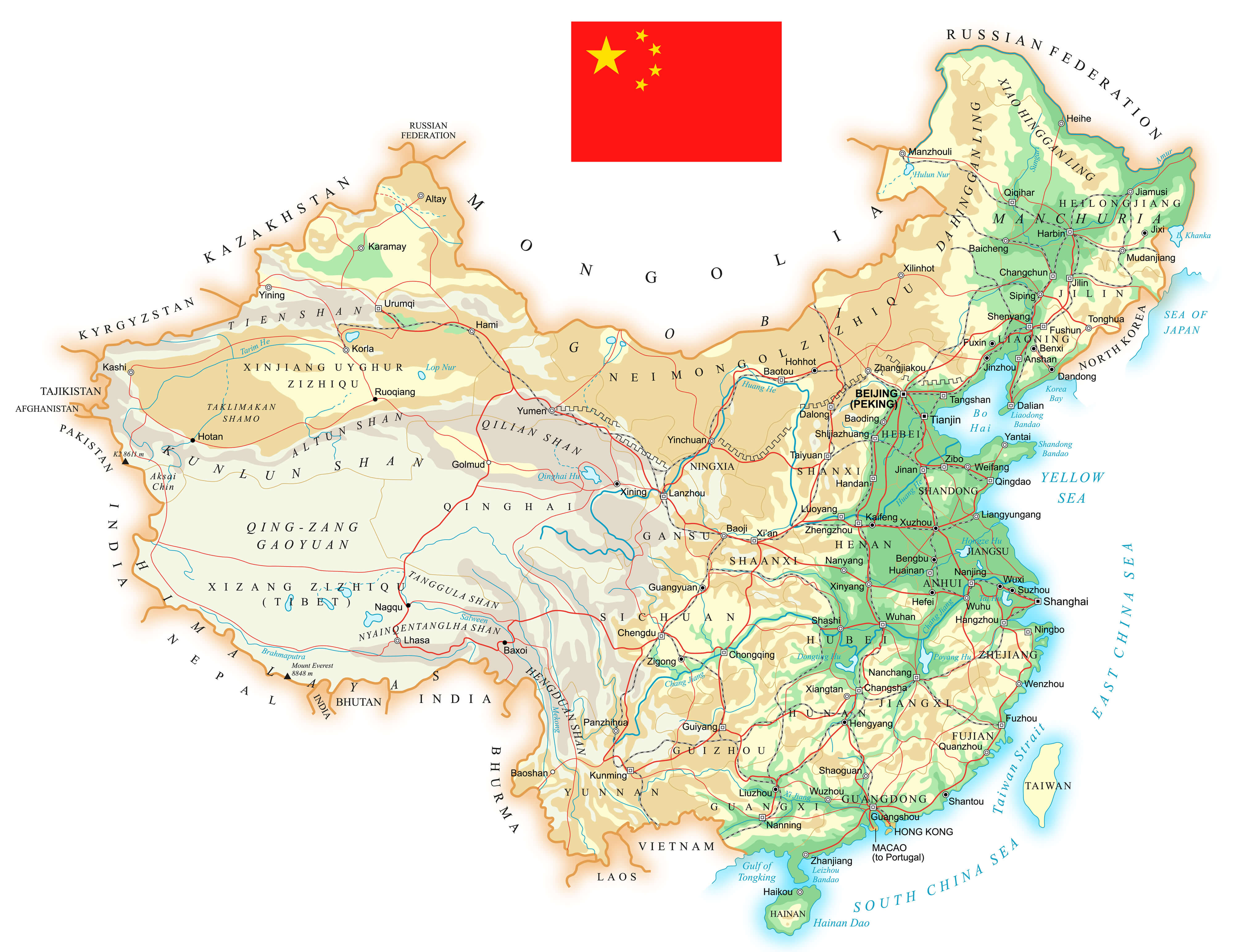 Mountains, plateaus, rivers and major cities on a physical map of China with a flag.