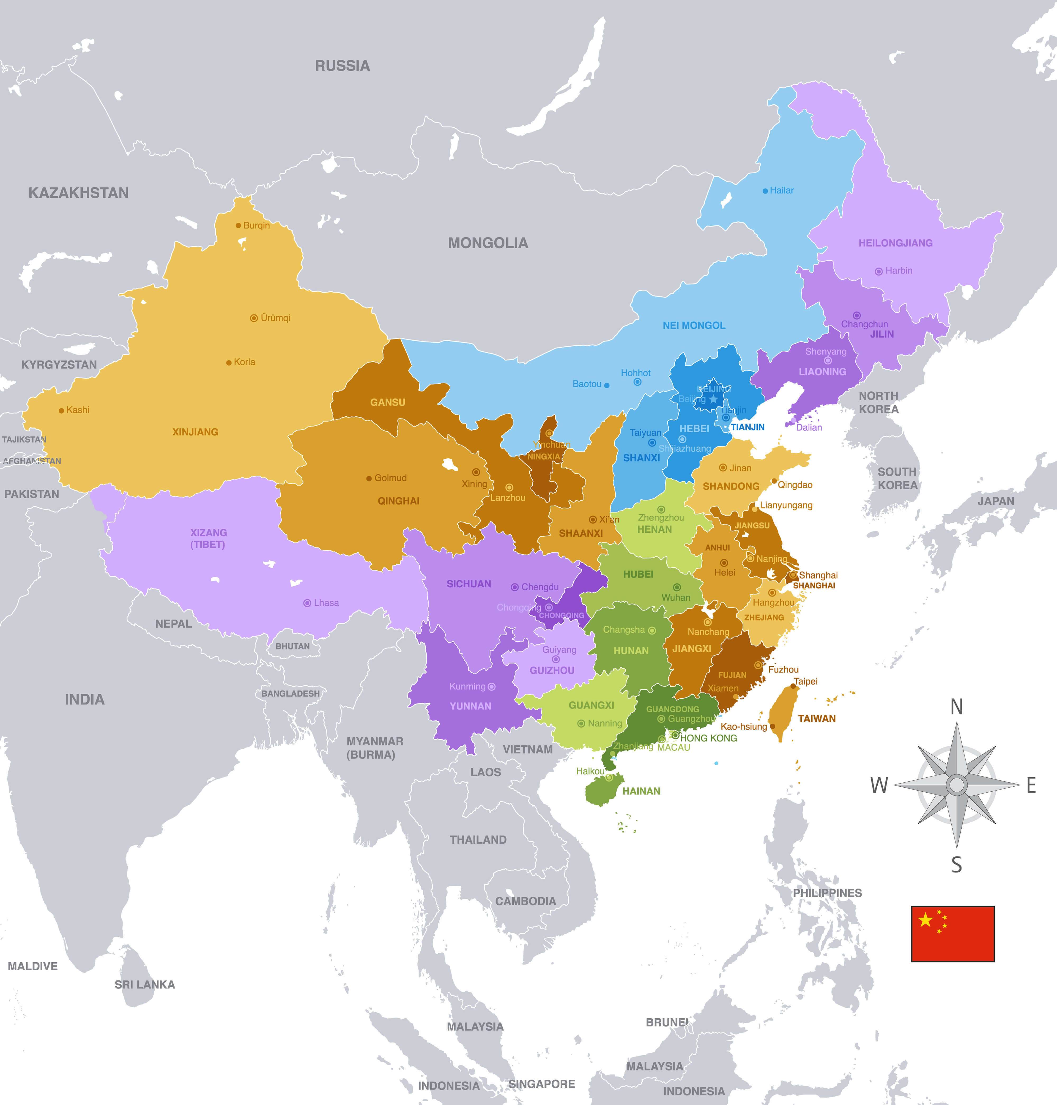 Map of China showing regions, major cities, and neighboring countries