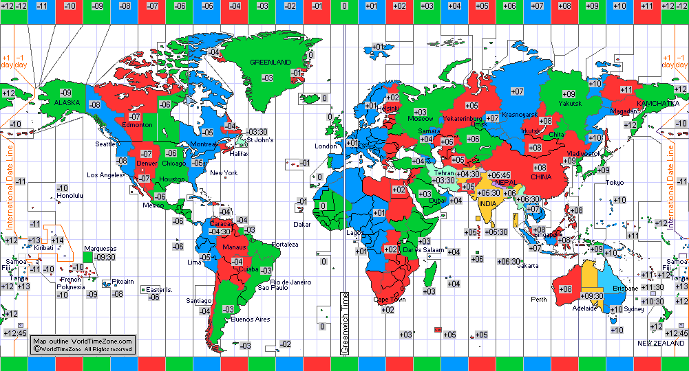 Standard time zone chart of the World and China