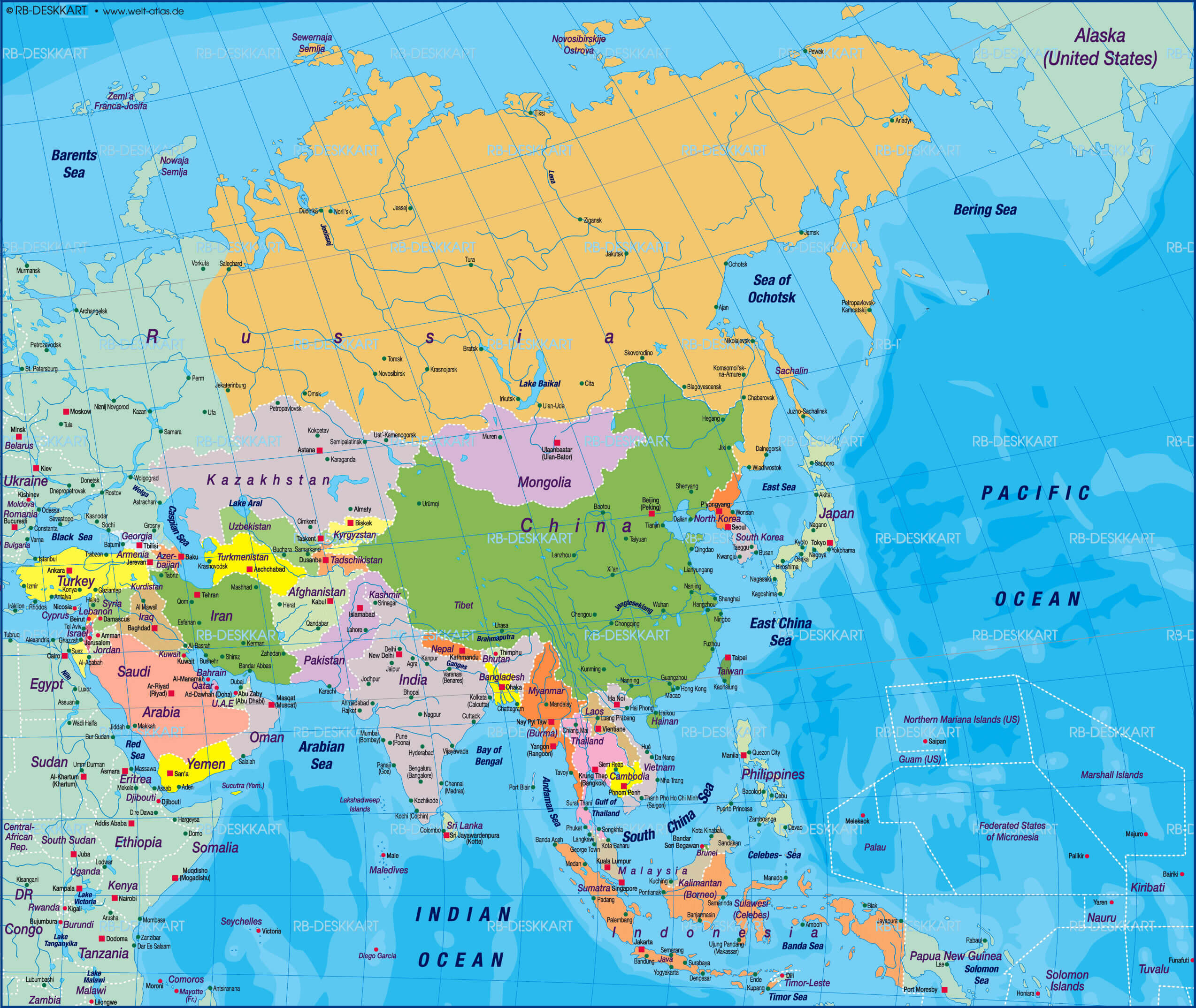 Asia countries map with main cities