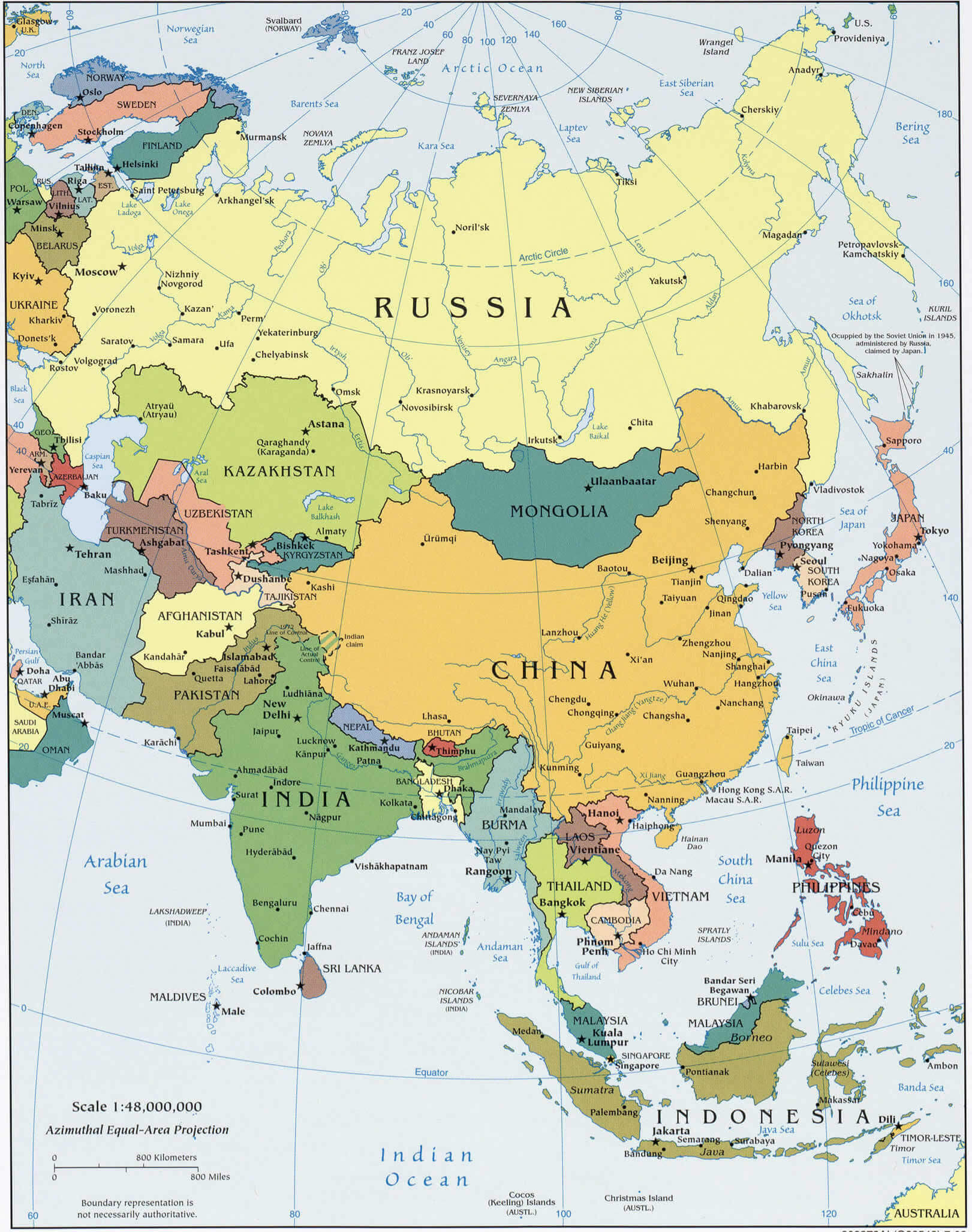 Asia map with russia and china cities