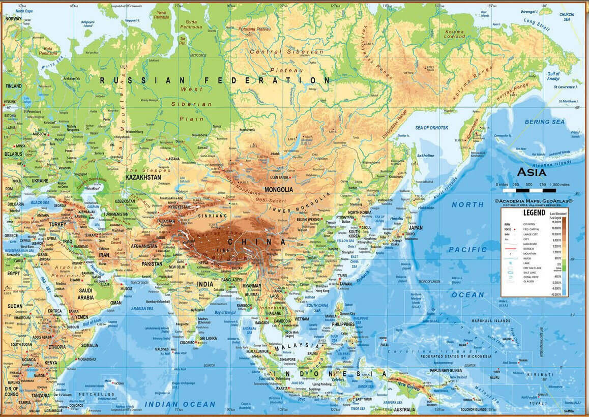 Asia physical wall map