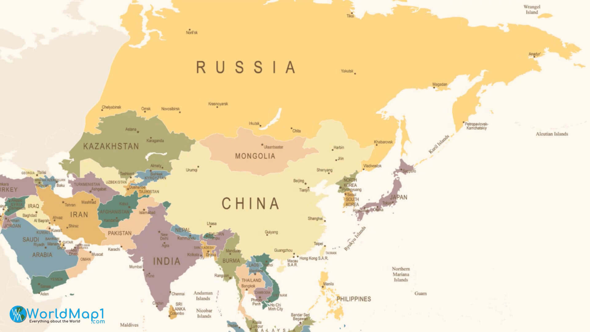 Asia political map with major cities
