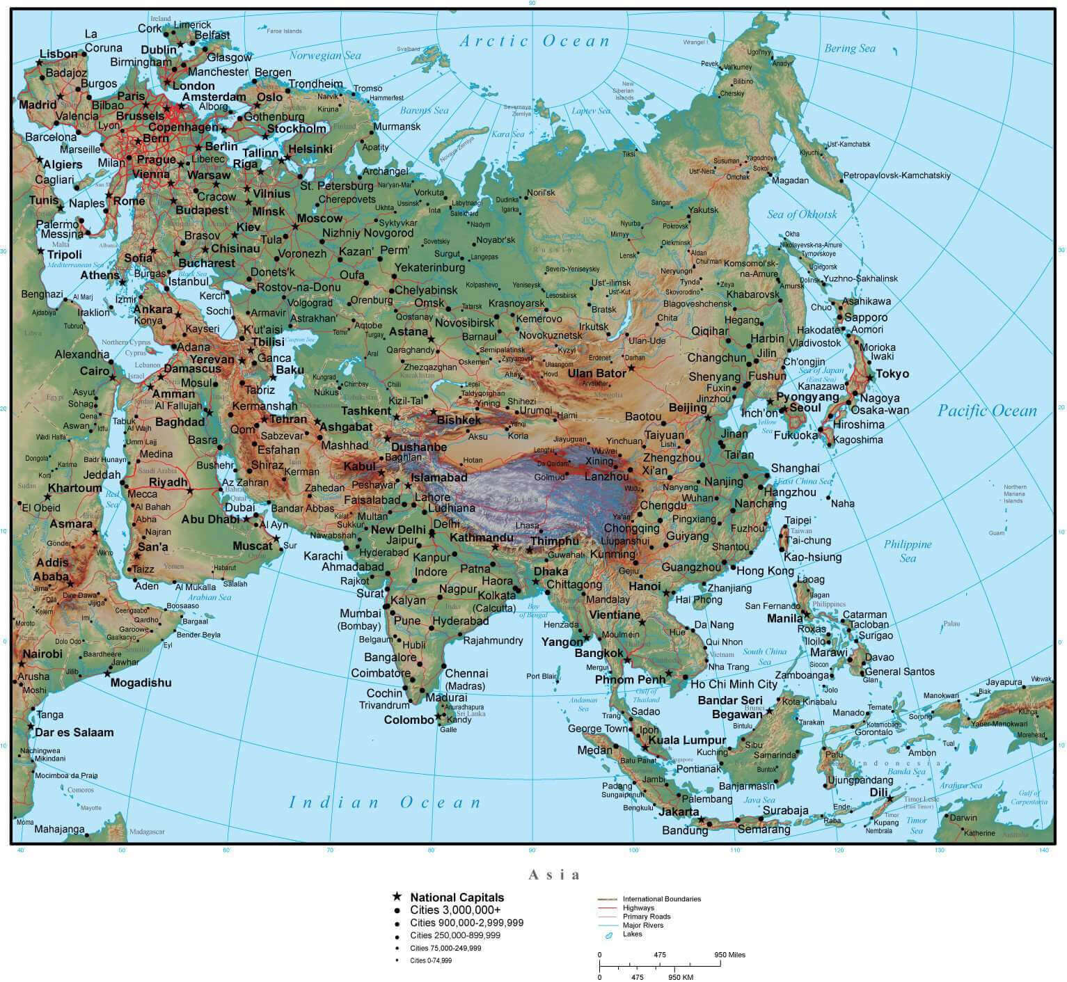 Asia terrain topographic and cities map