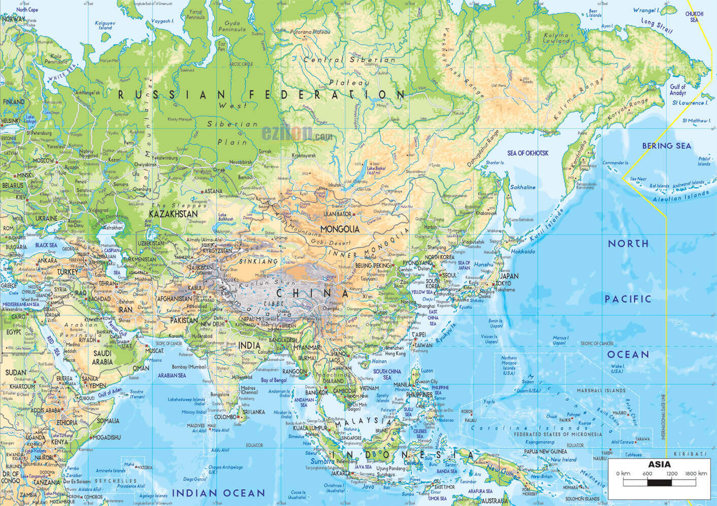 Asia topography and physical map with cities