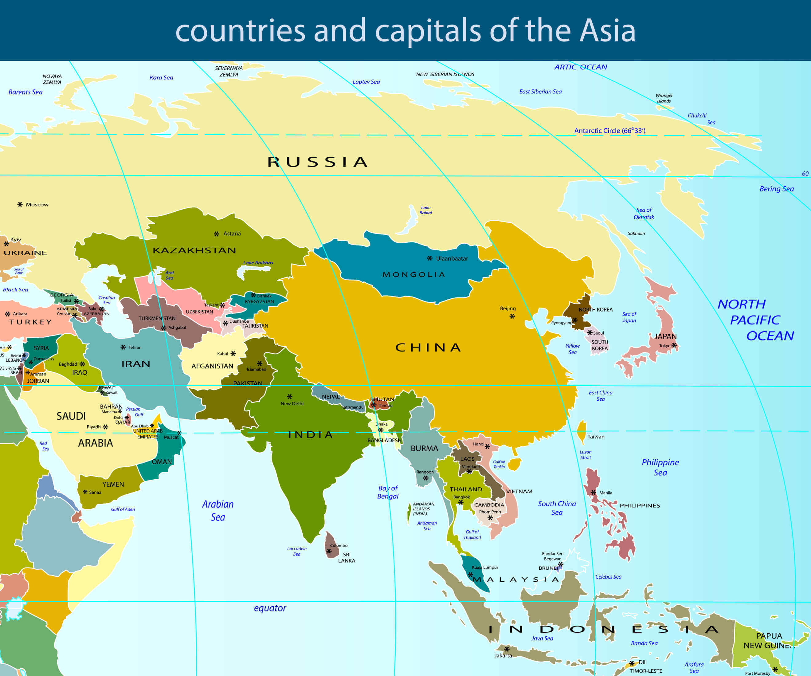 Countries and capitals map of Asia