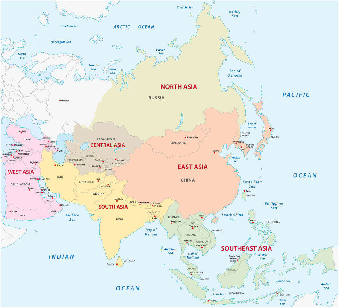 Countries cities map of Asia