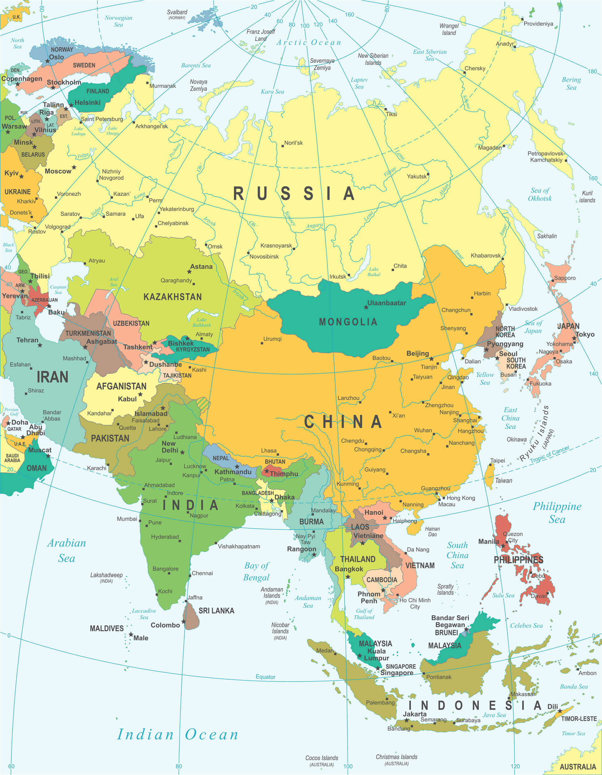 Highly detailed Asia map with cities