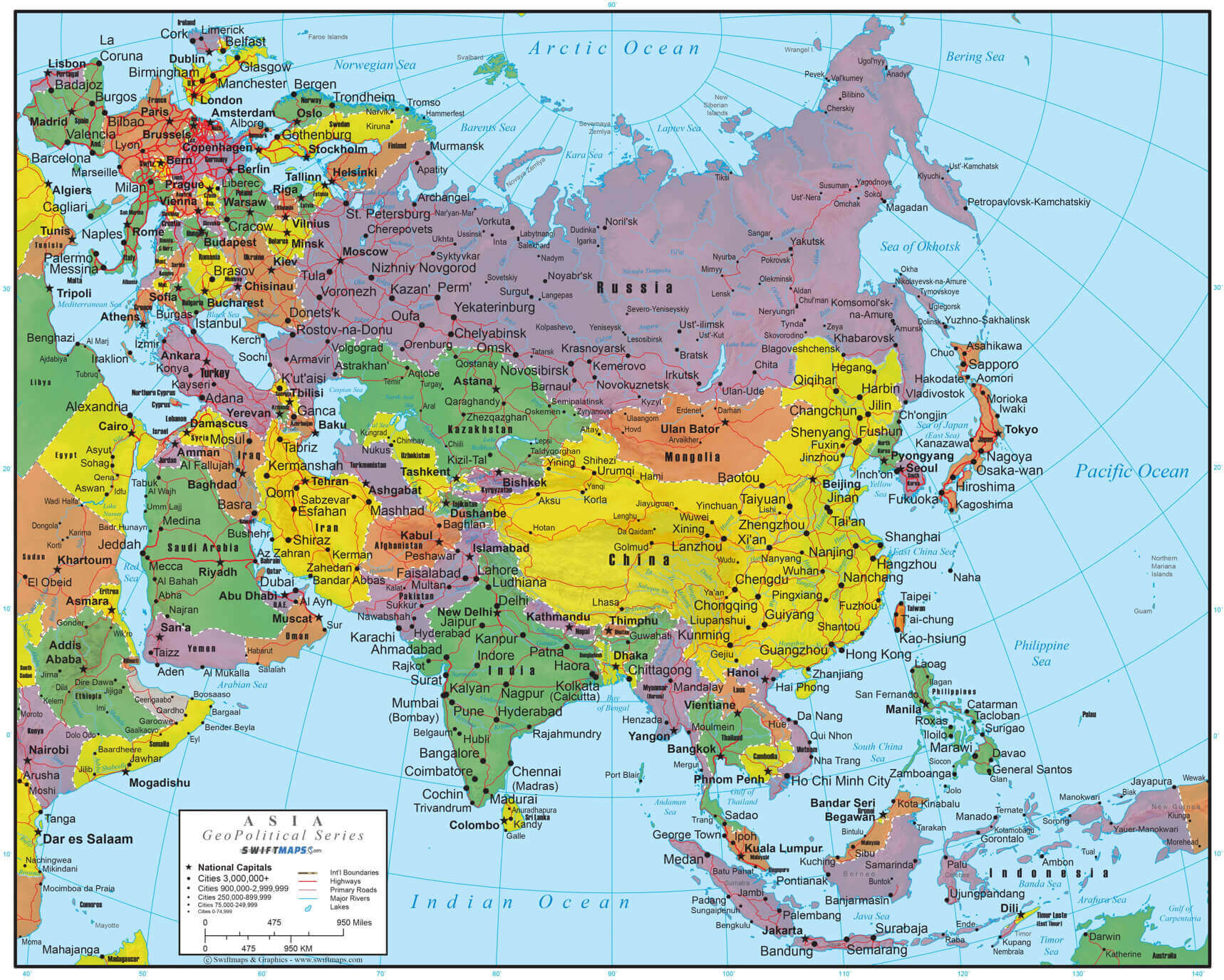 Asia geo political wall map