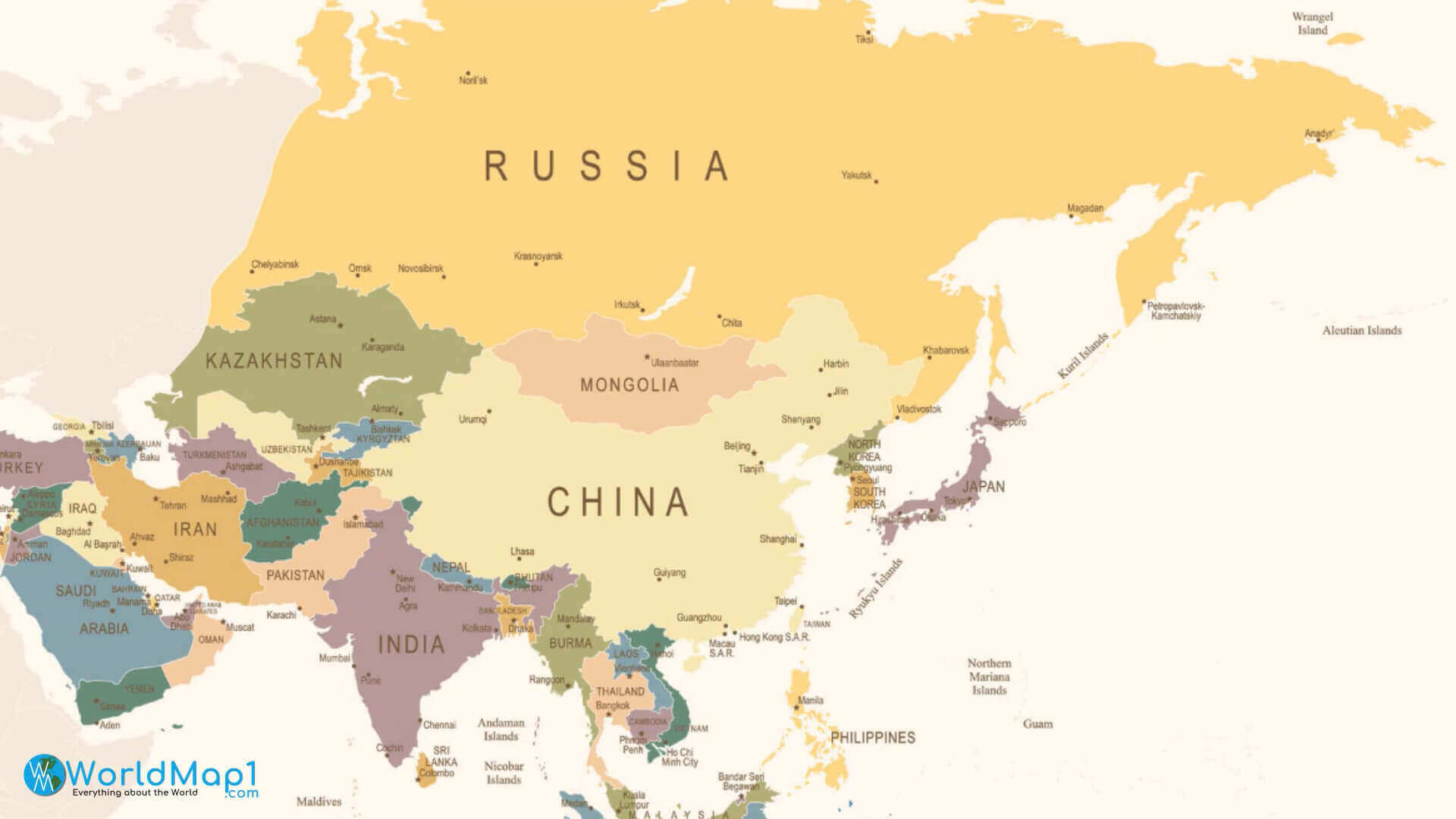 Asia political map with major cities