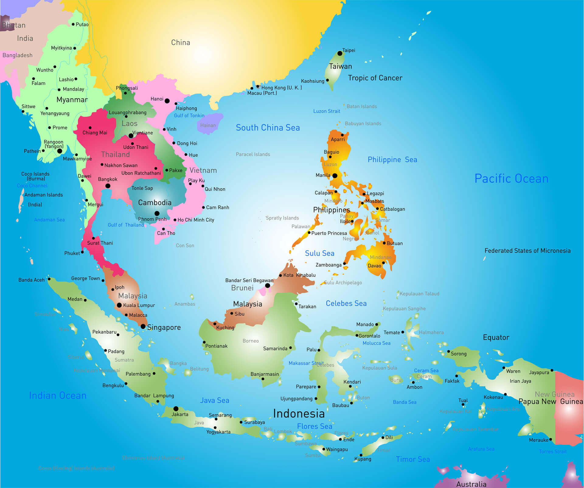 Colorful High resolution Southeast Asia map