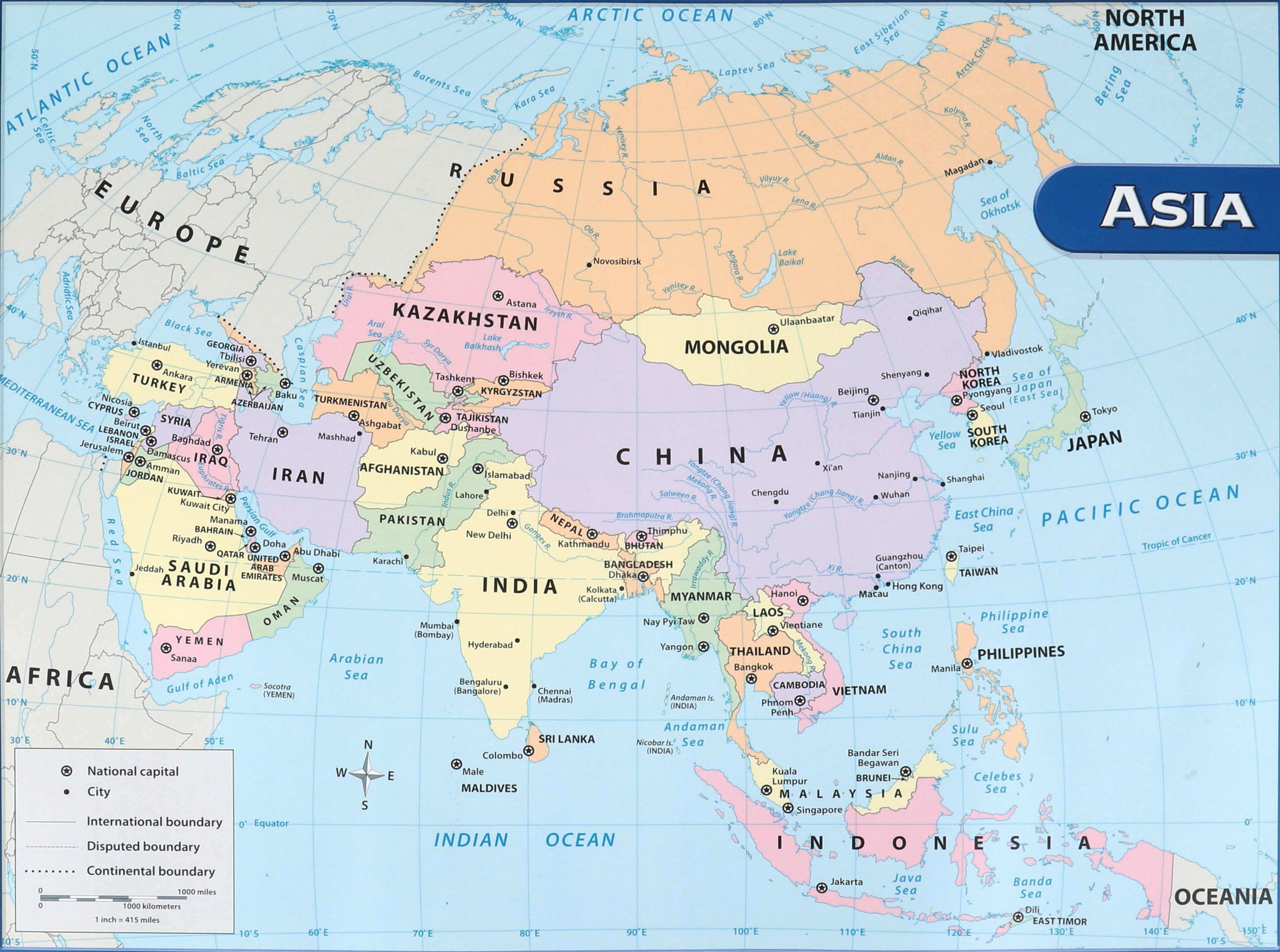 High resolution Asia international boundary map