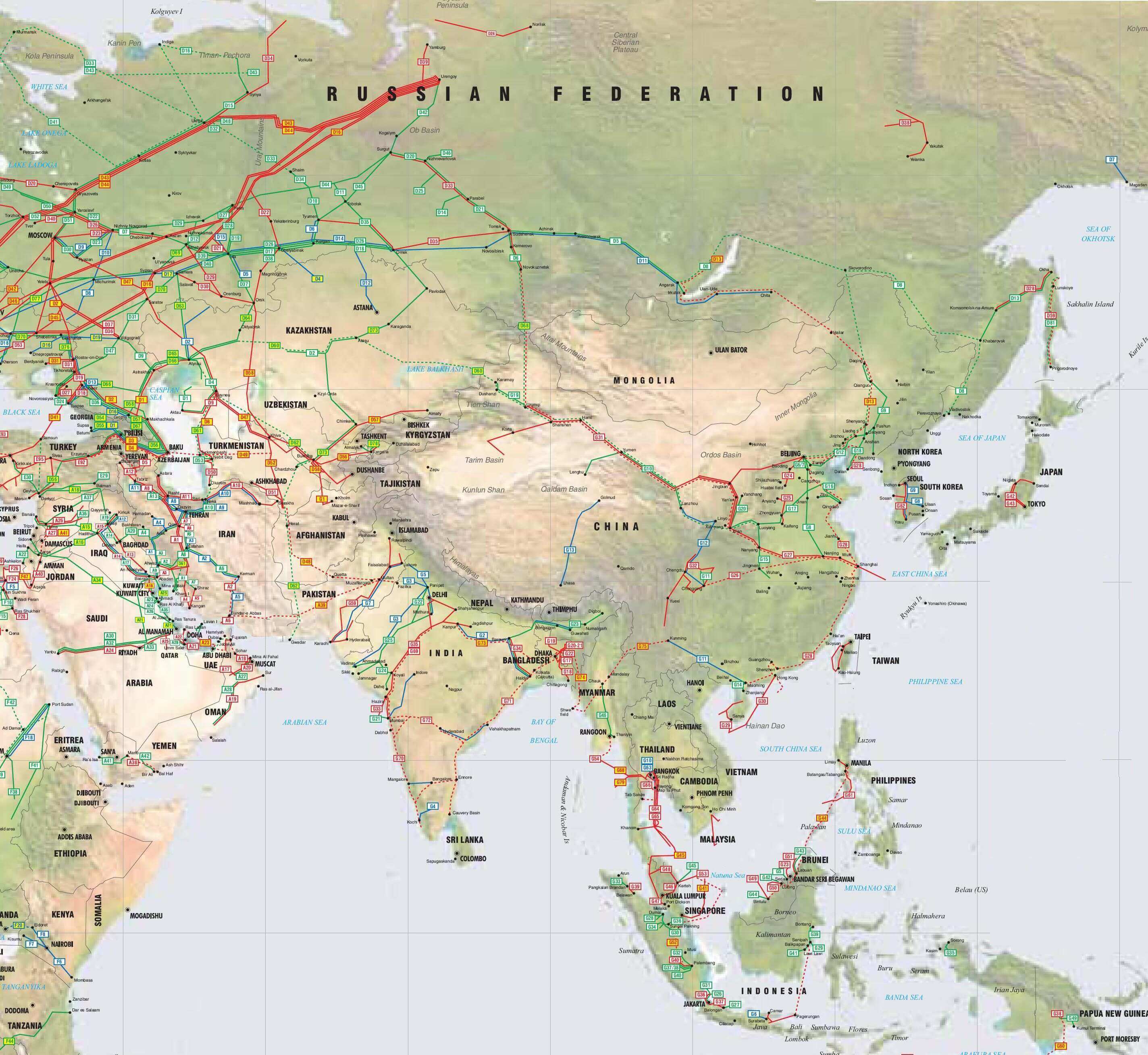 High resolution Asia oil gas pipelines map