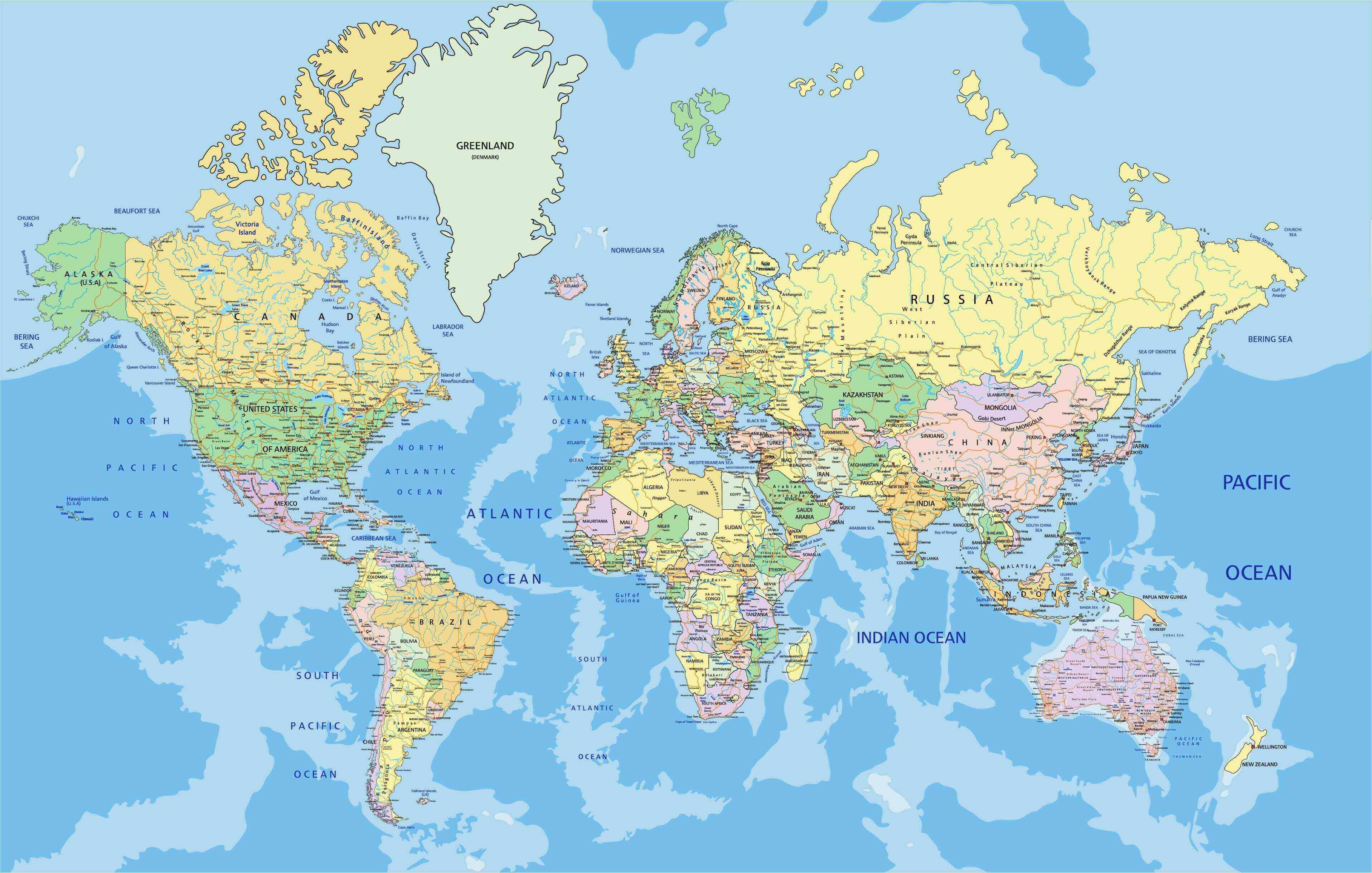 World continents countries map with Asia