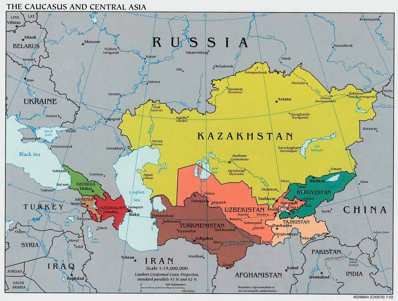 Caucasus Central Asia political Map 2003