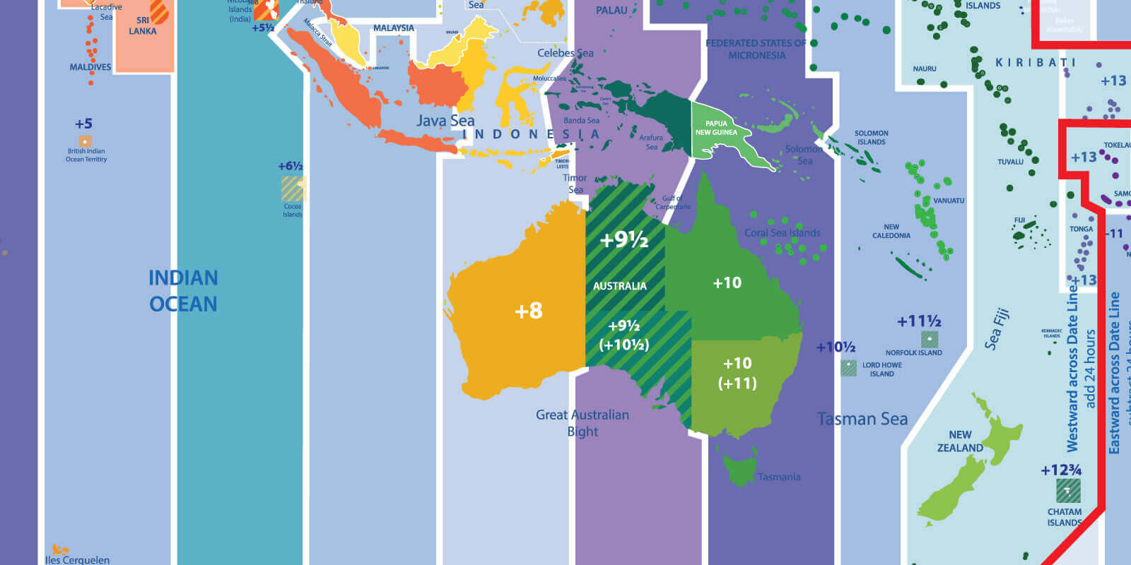 Indonesia time zone map with Australia and Cceania