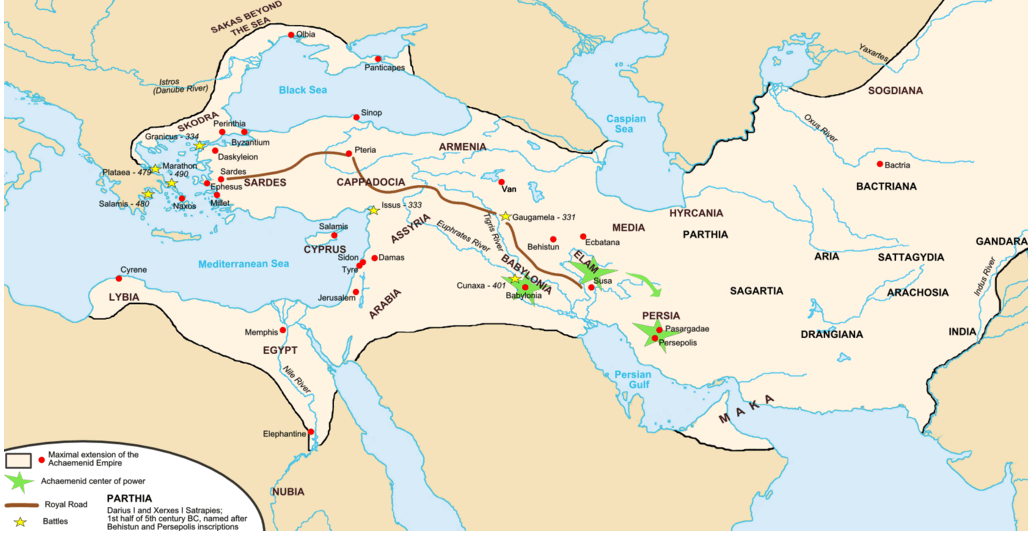 Map of the Achaemenid Empire, highlighting its maximum extent, key cities, and battles