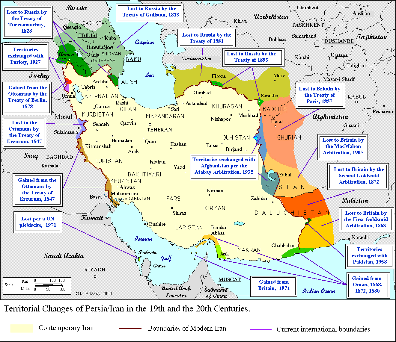 Map showing historical territorial changes of Persia/Iran with treaties