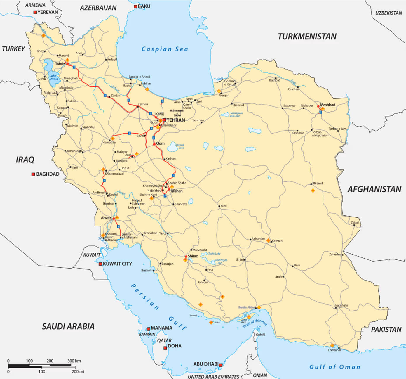 Iran cities map with main roads