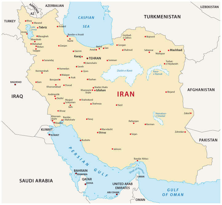 Iran map with main cities and lakes