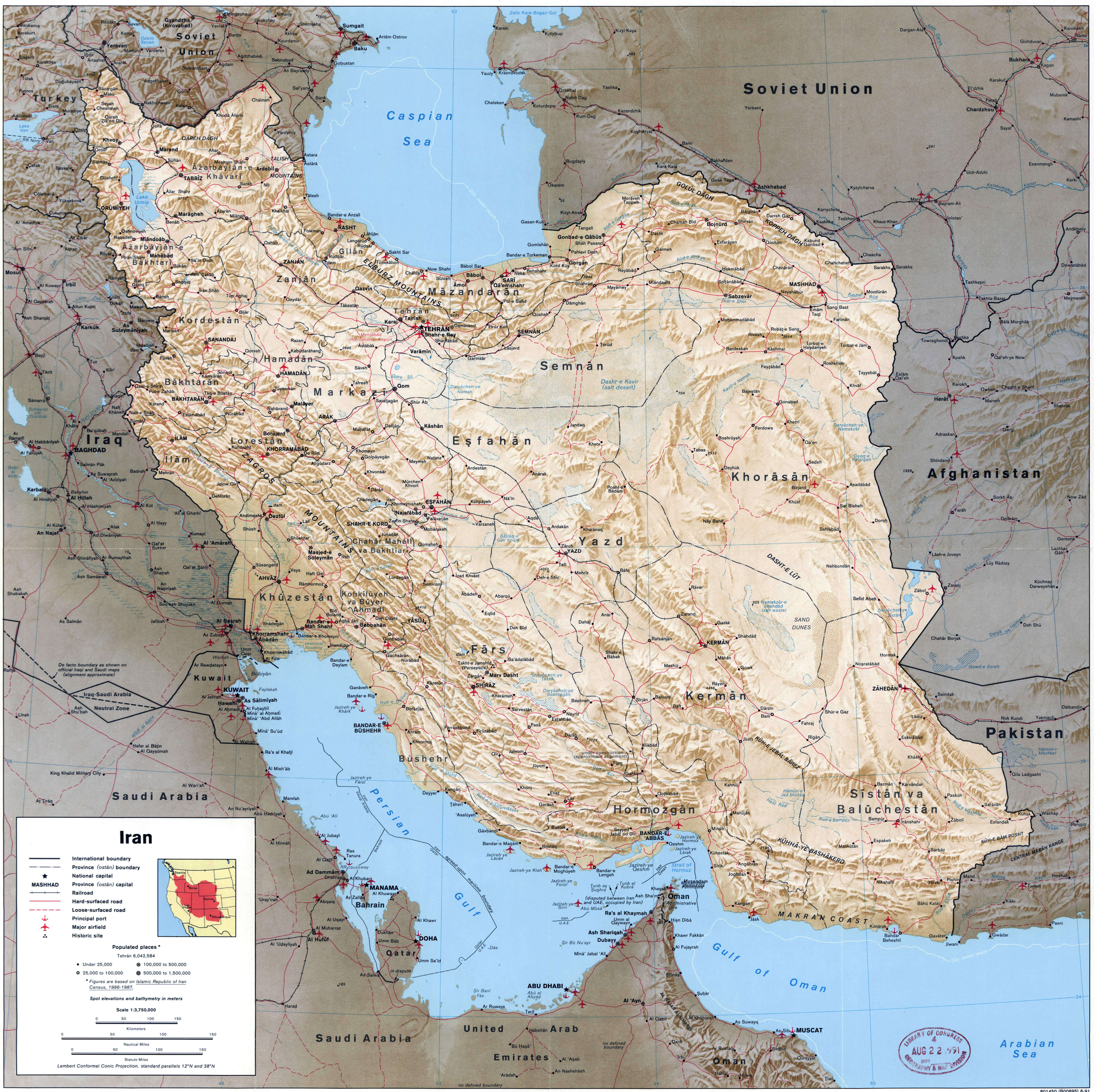 Large political map of Iran with relief all roads railroads cities