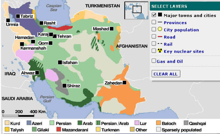 Map of Iran showing ethnic groups, cities, and key nuclear sites