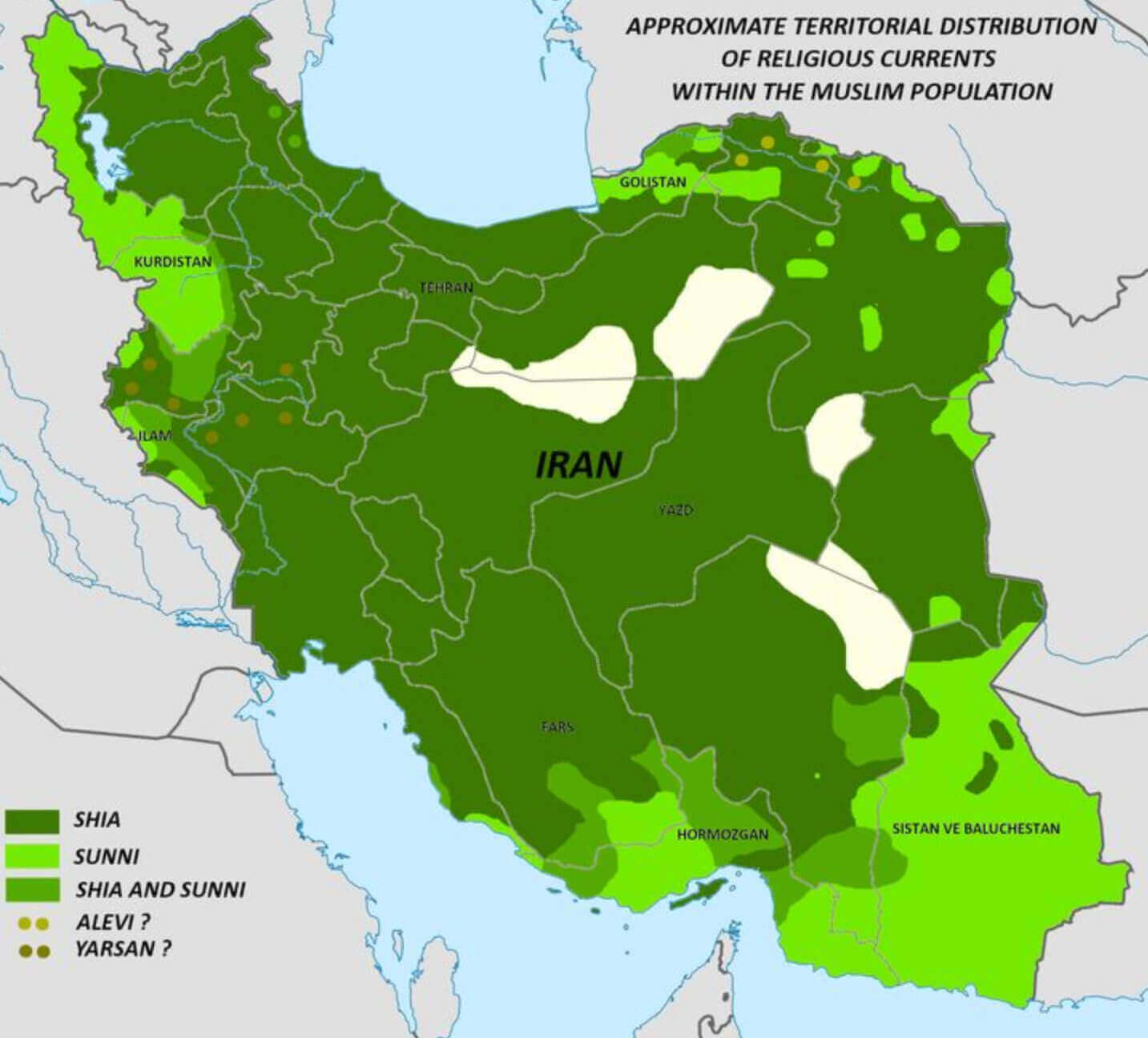Iran religon map with Shia Sunni groups
