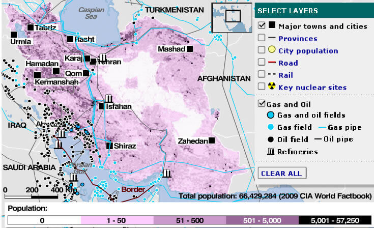 Map of Iran showing population density, gas and oil fields, pipelines, and key cities
