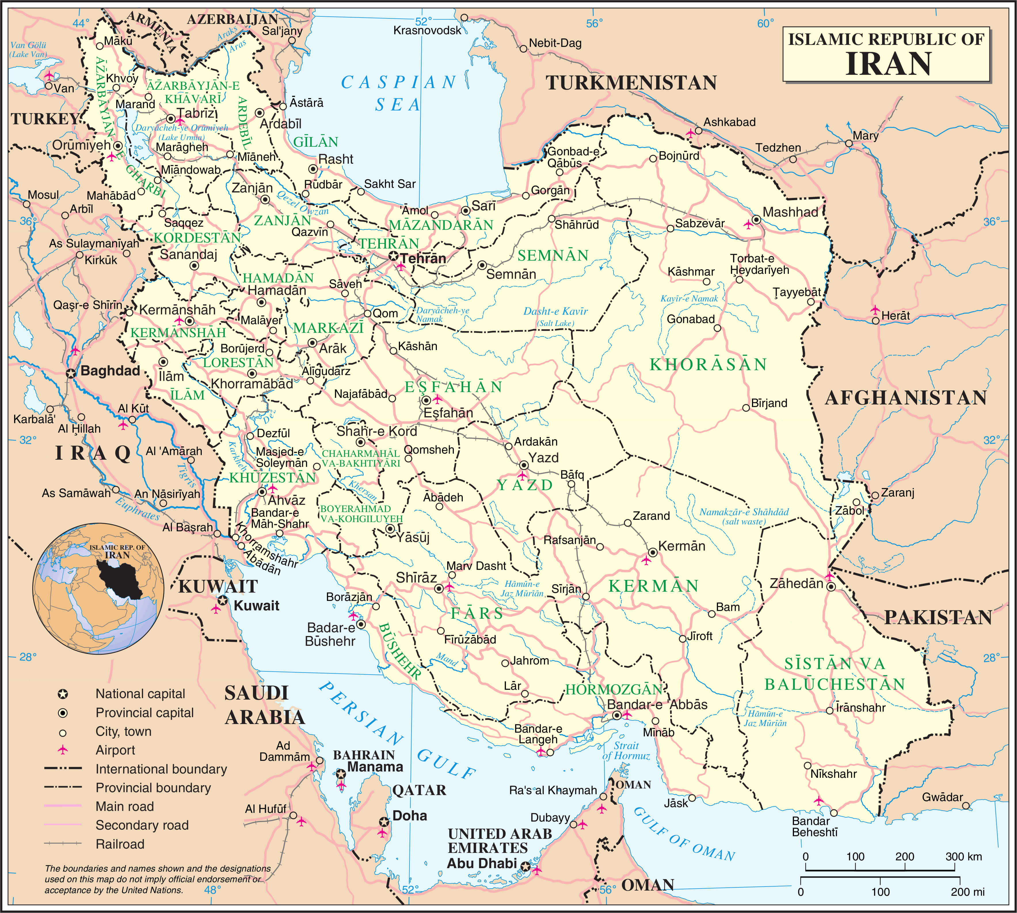 High-resolution cities and and roads map of Iran