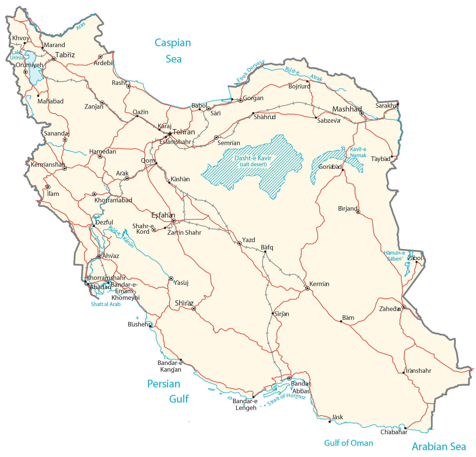 High-resolution Iran lakes and rivers map