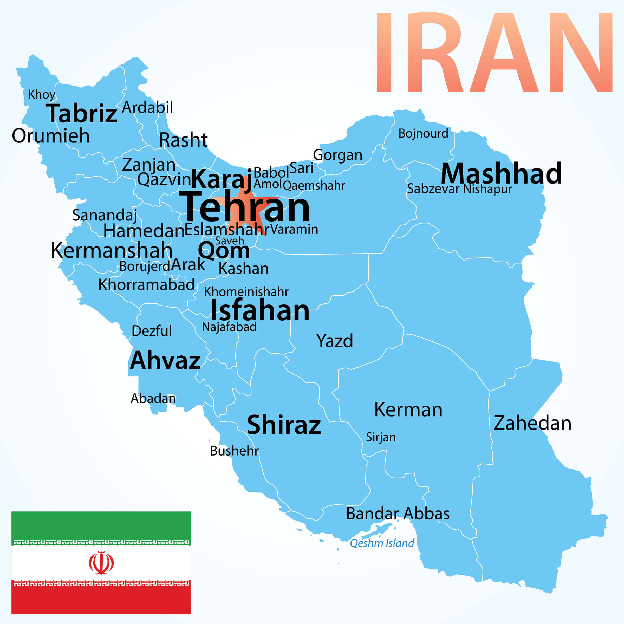 High-resolution Iran largest cities map