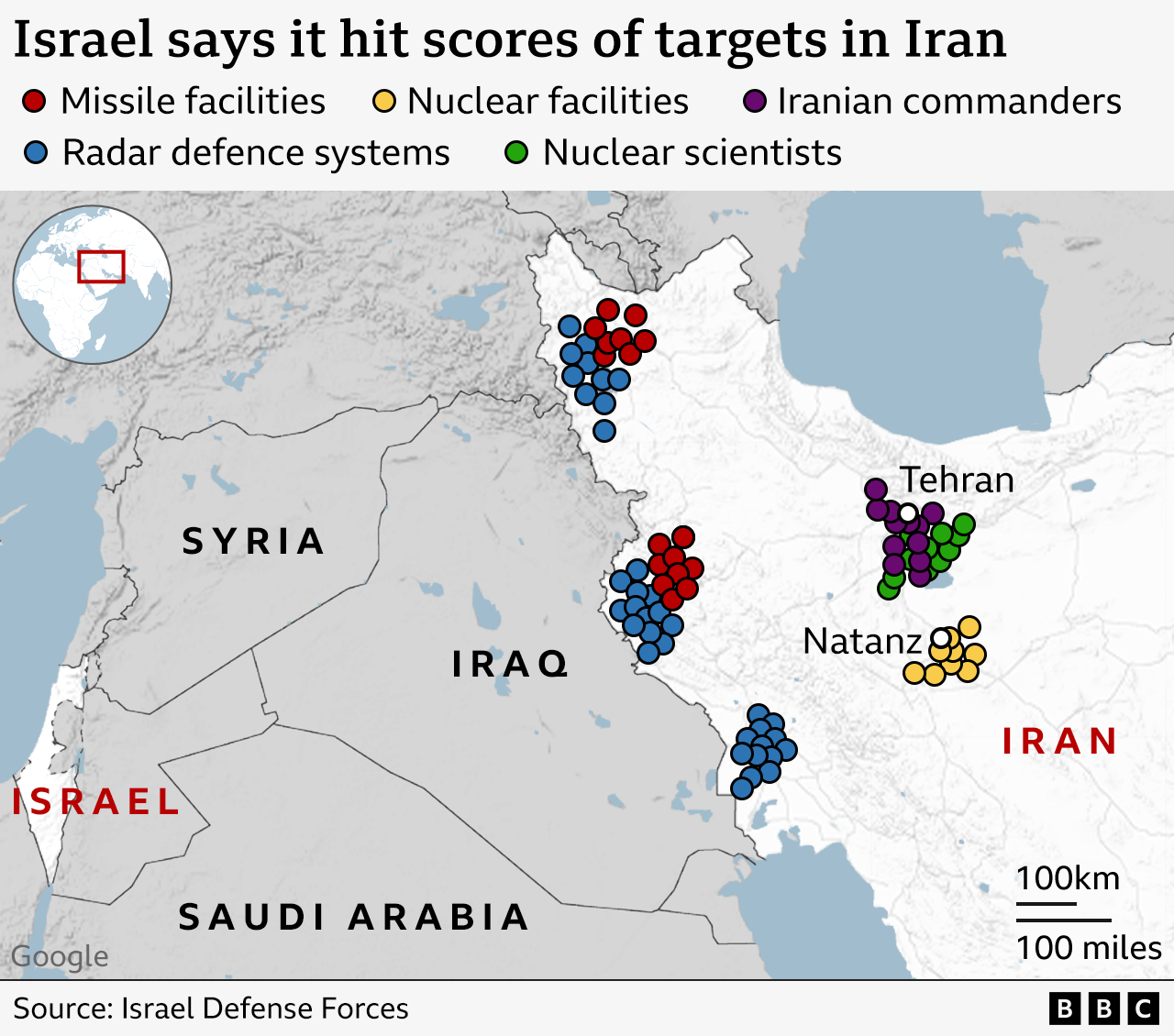 Map of israel hit targets in Iran