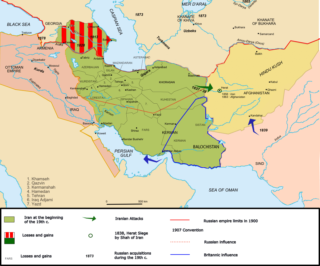 Iran map under qajar dynasty in the 19th century