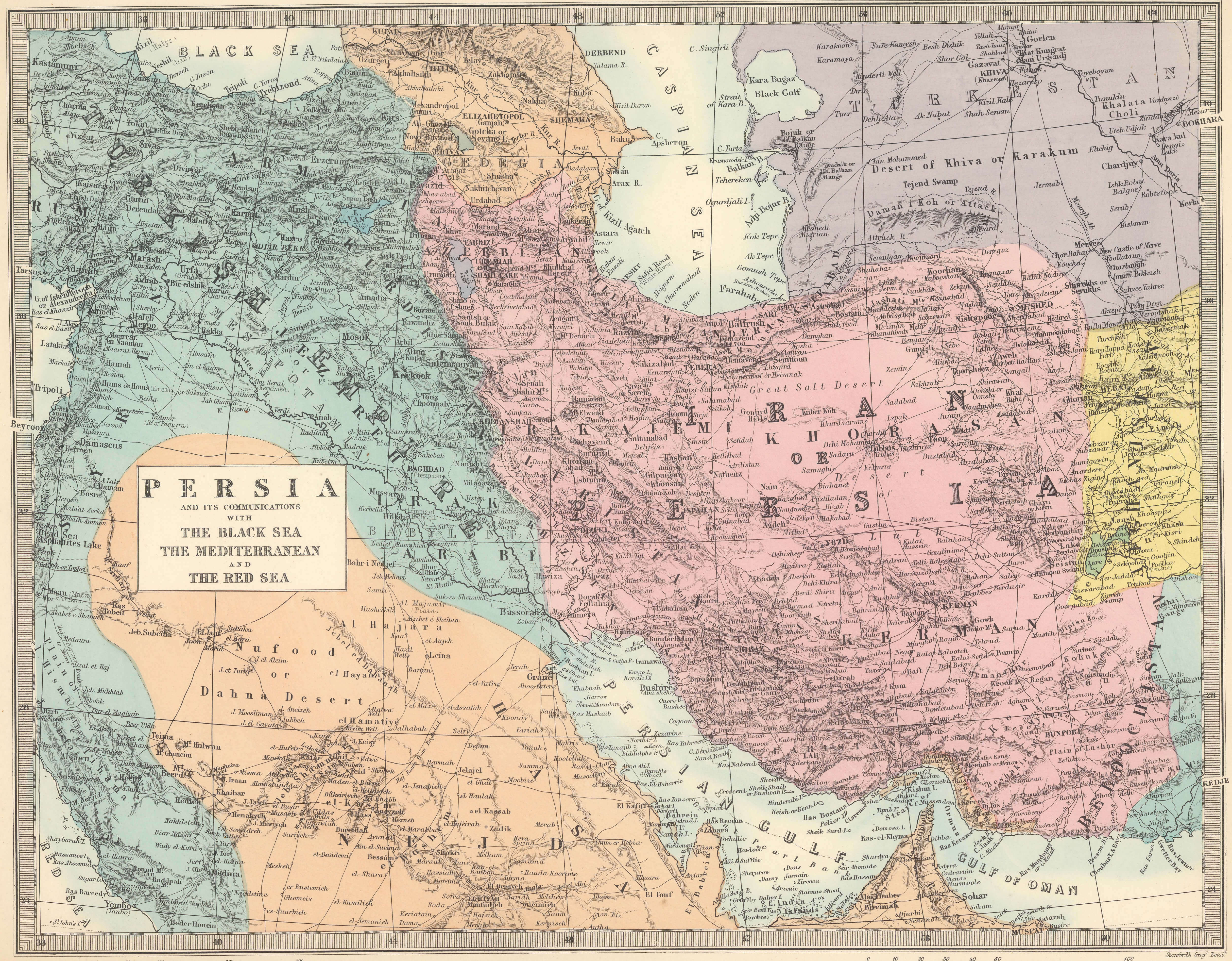 Persia map with part of the Ottoman Empire 1872