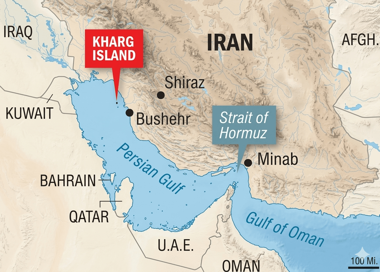Kharg Island and Strait of Hormuz map