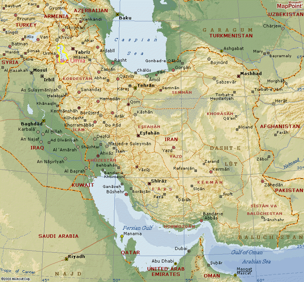 Iran physical map with major cities