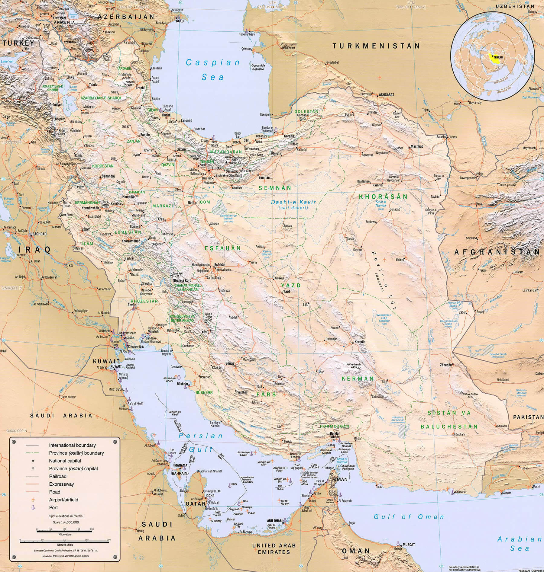 Physical map of Iran with roads