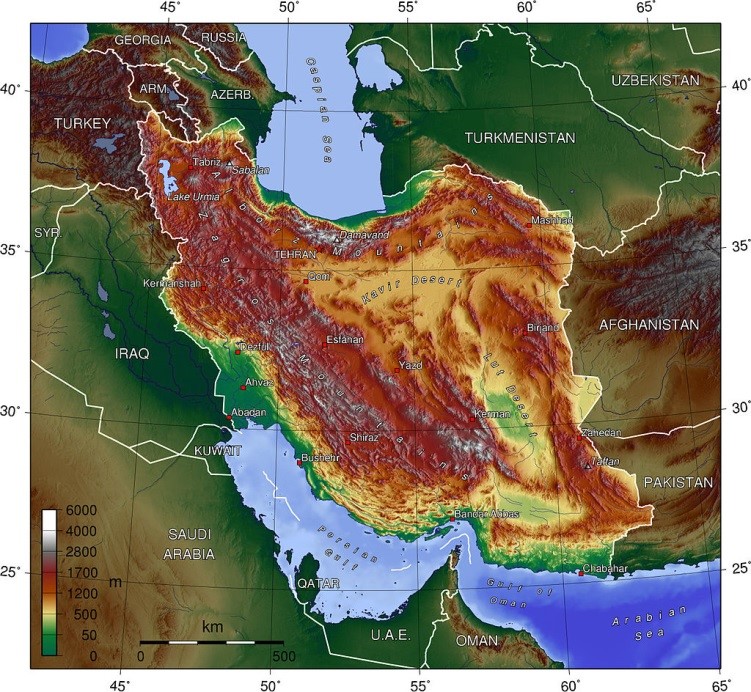 Topography map of Iran