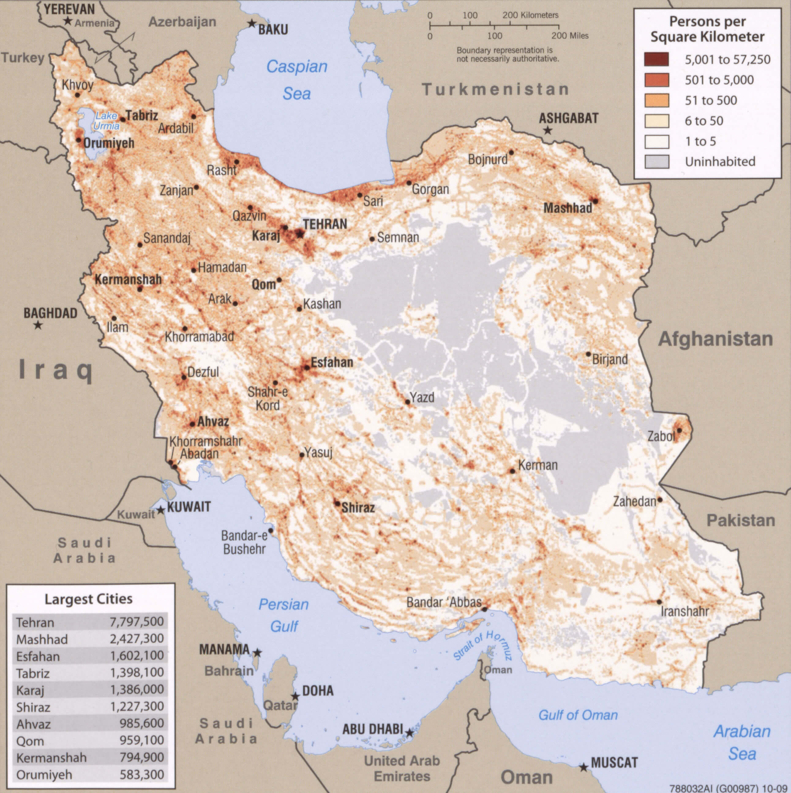 Iran population density map in 2009
