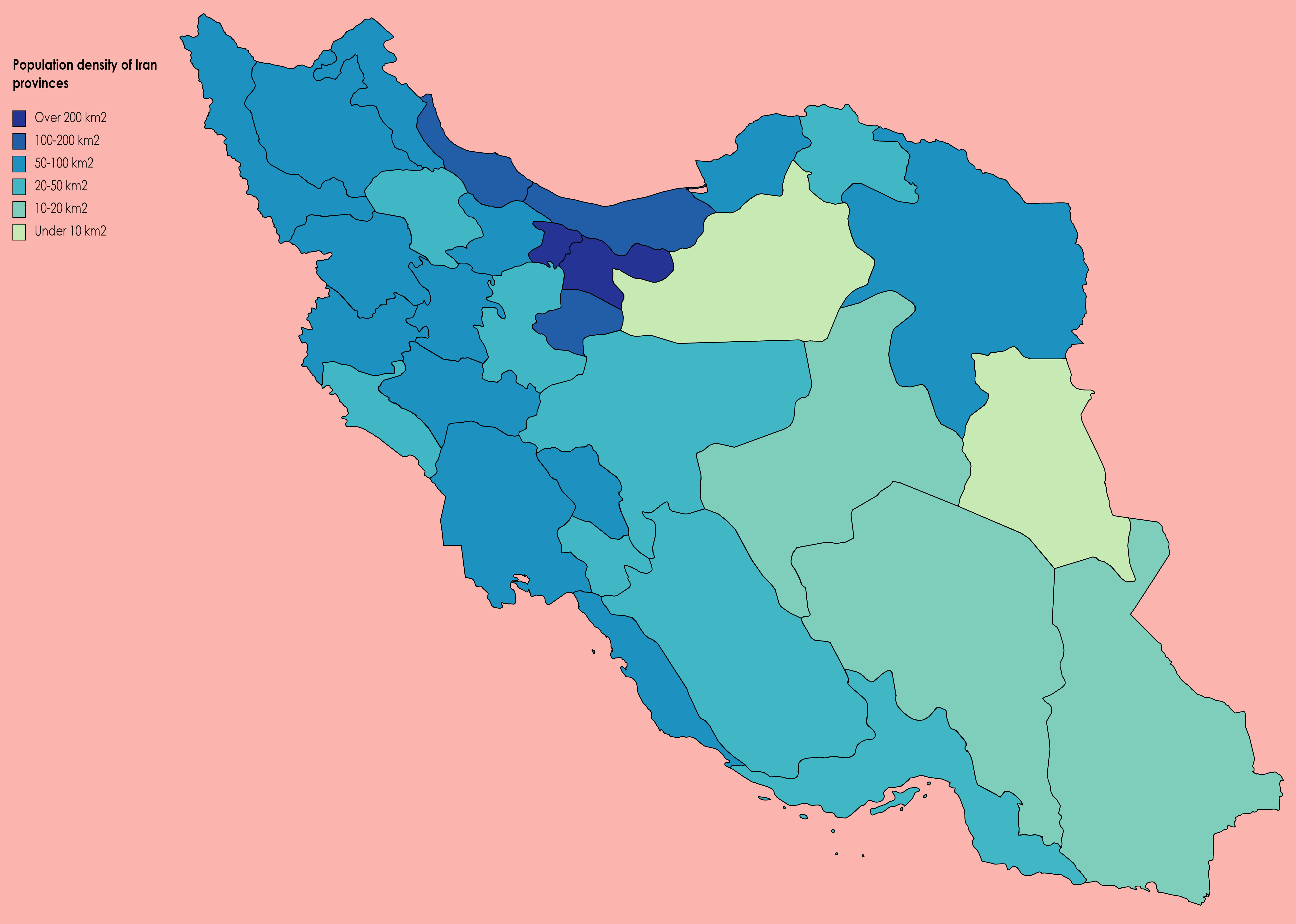 Population density map of Iran provinces