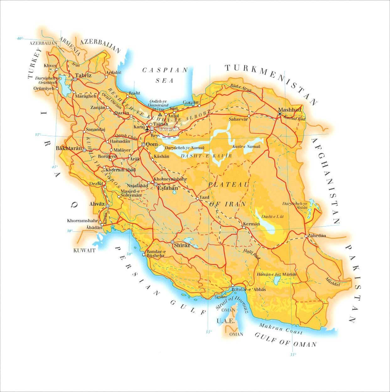 Map of Iran showing major cities, railroads, and geographic features