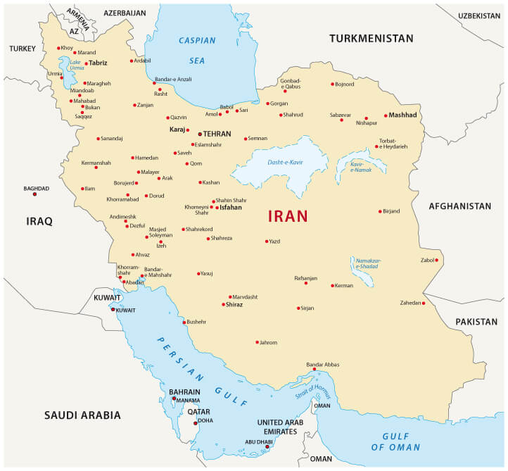 Iran cities and Tehran map