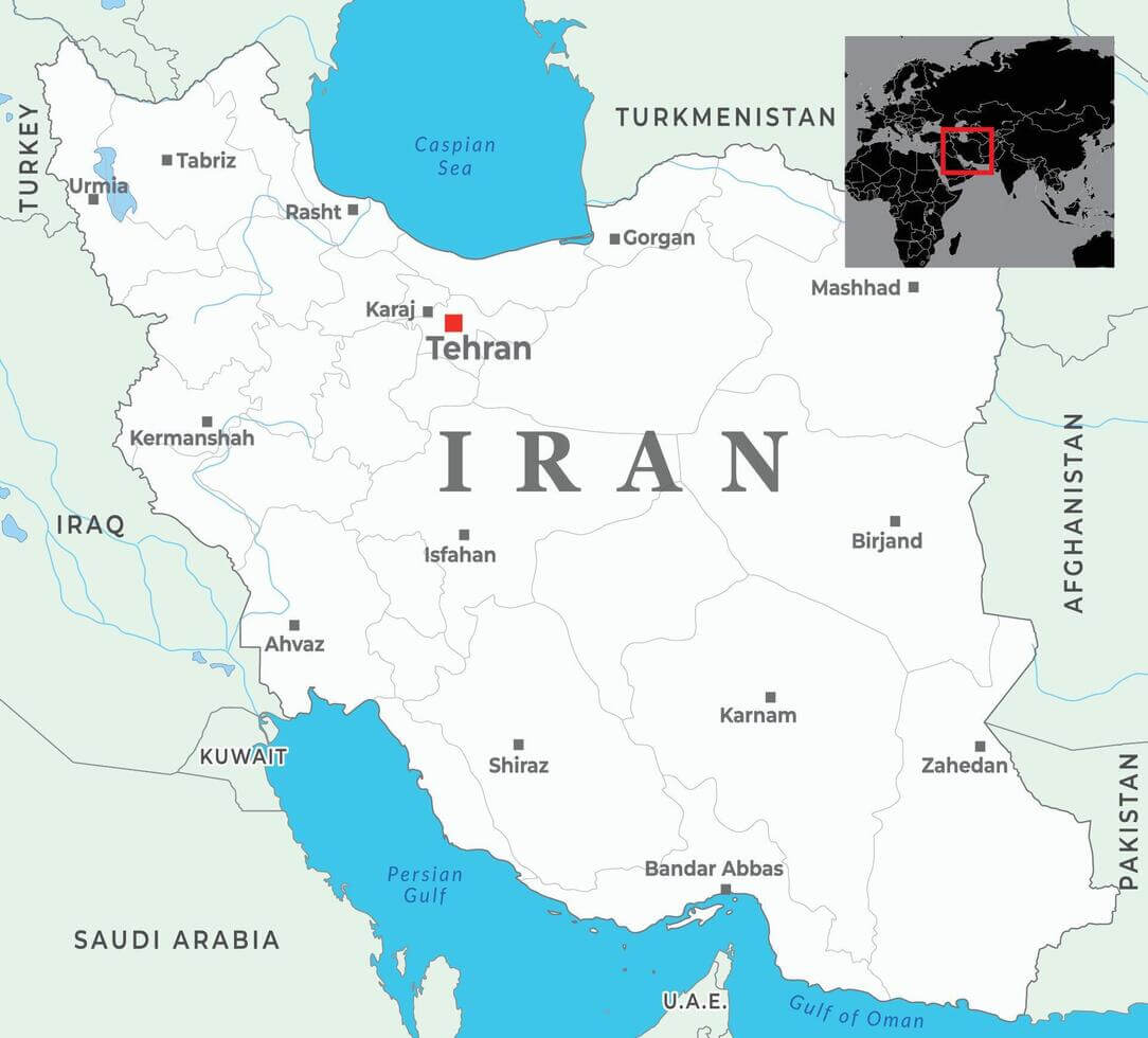 Iran map with capital Tehran and major cities