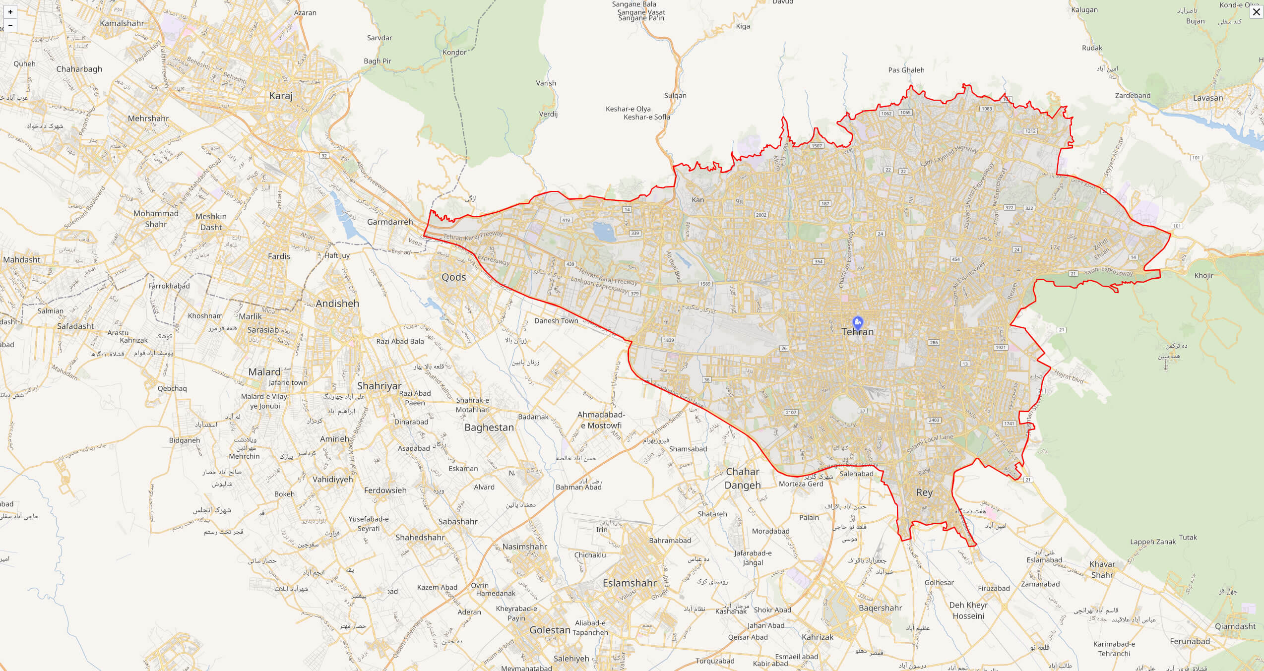 Map of Tehran with districts