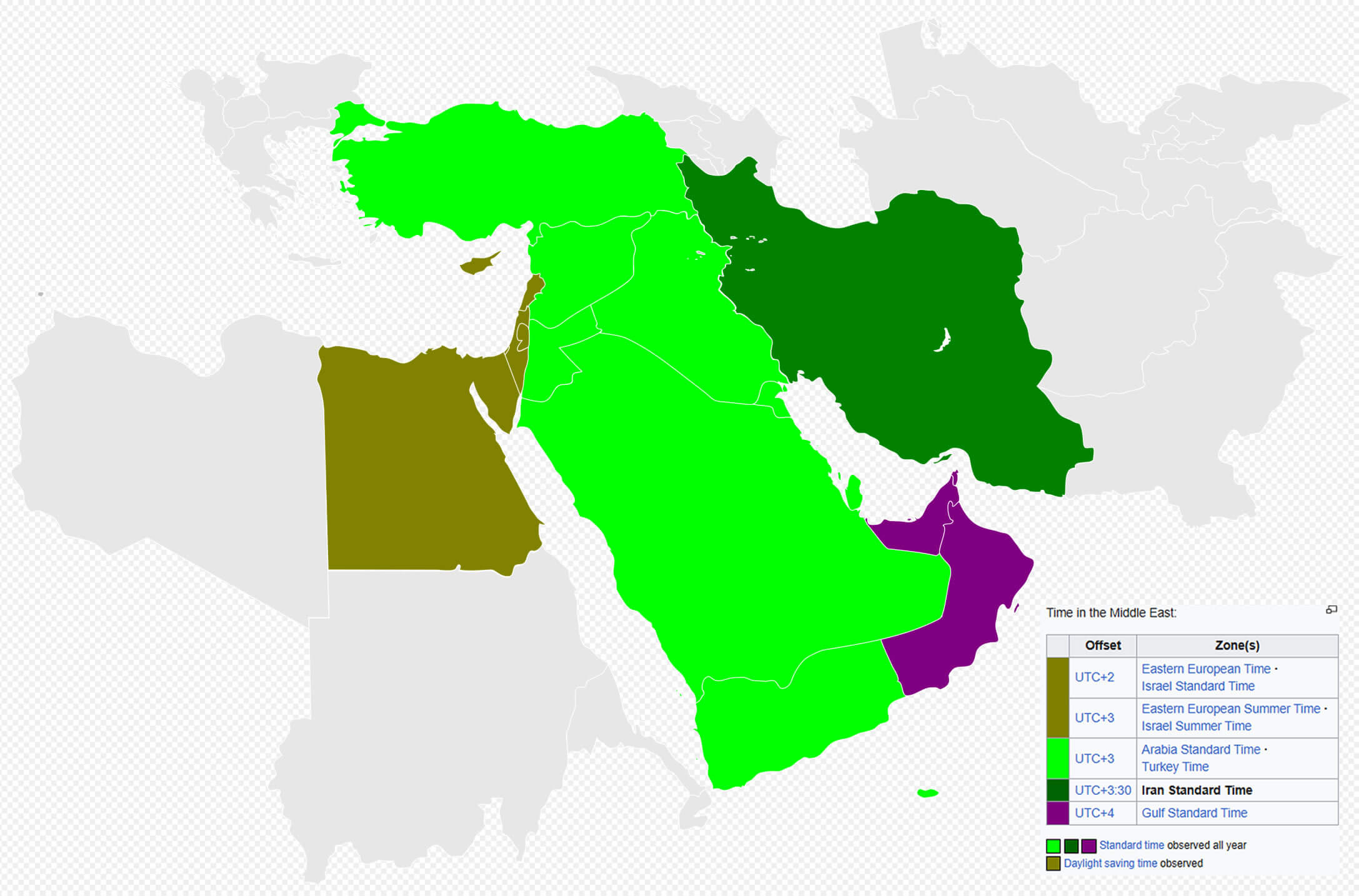 Iran time zone map with Middle East