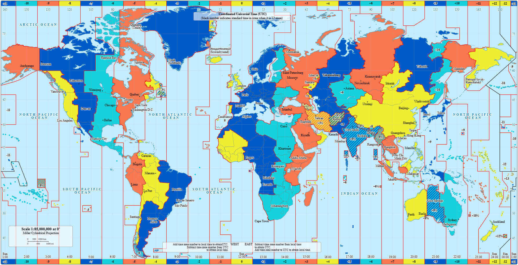 Time zones of the world and Iran utc
