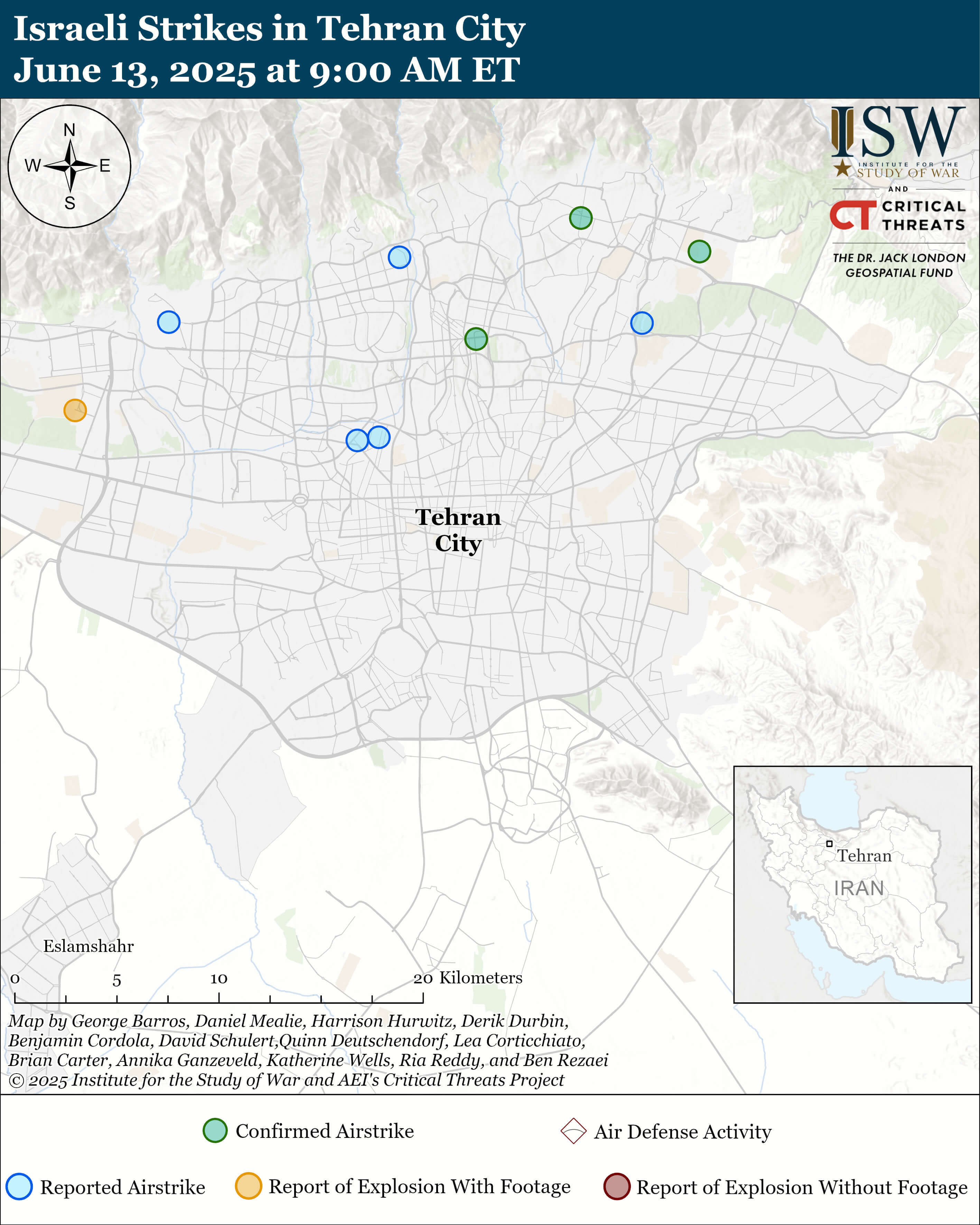 Israeli strikes map in Tehran city