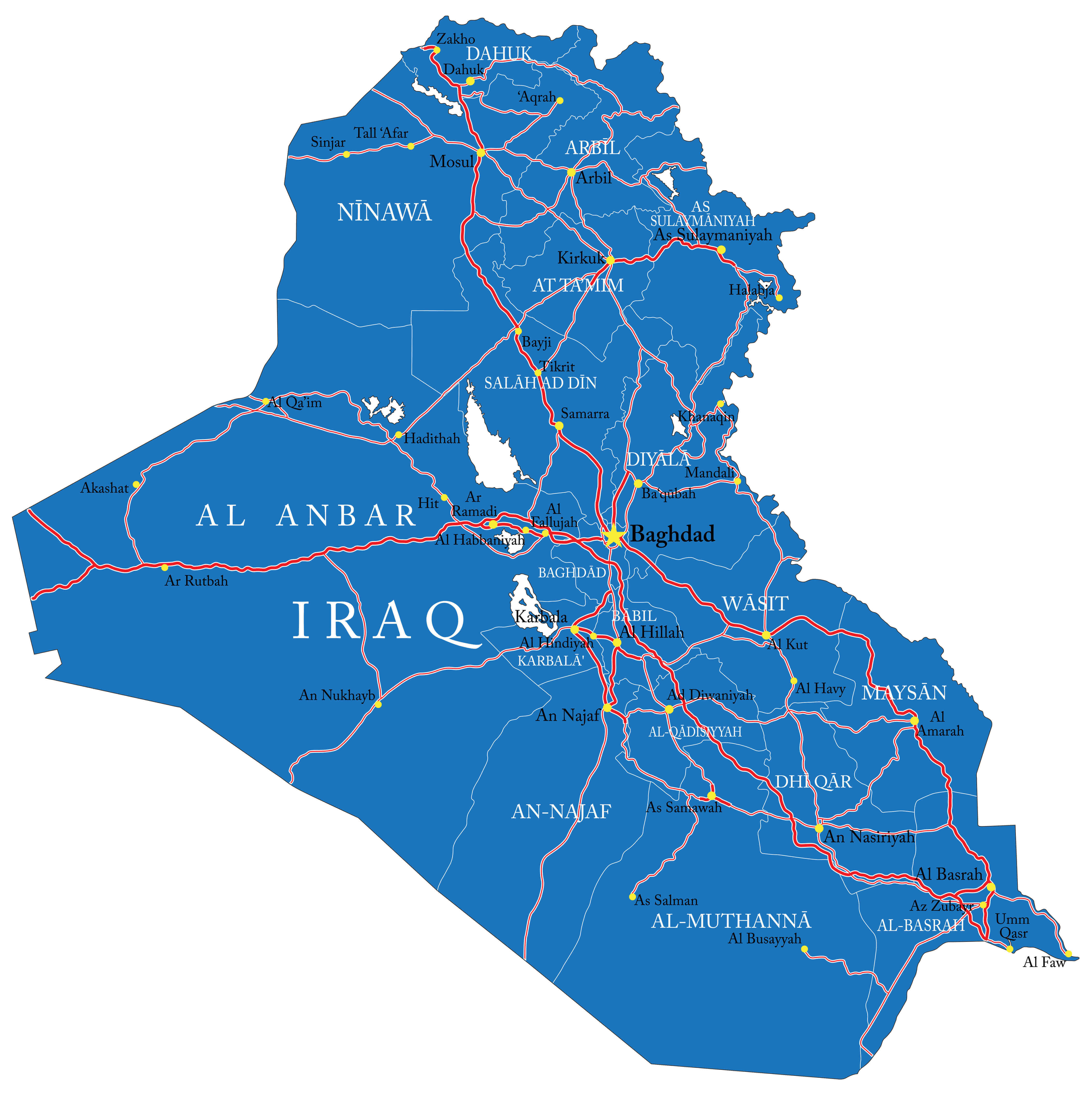 Iraq Cities and Roads Map