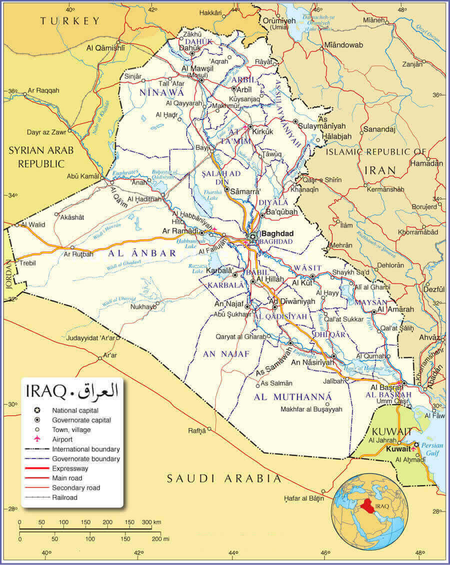 Iraq cities map with main roads