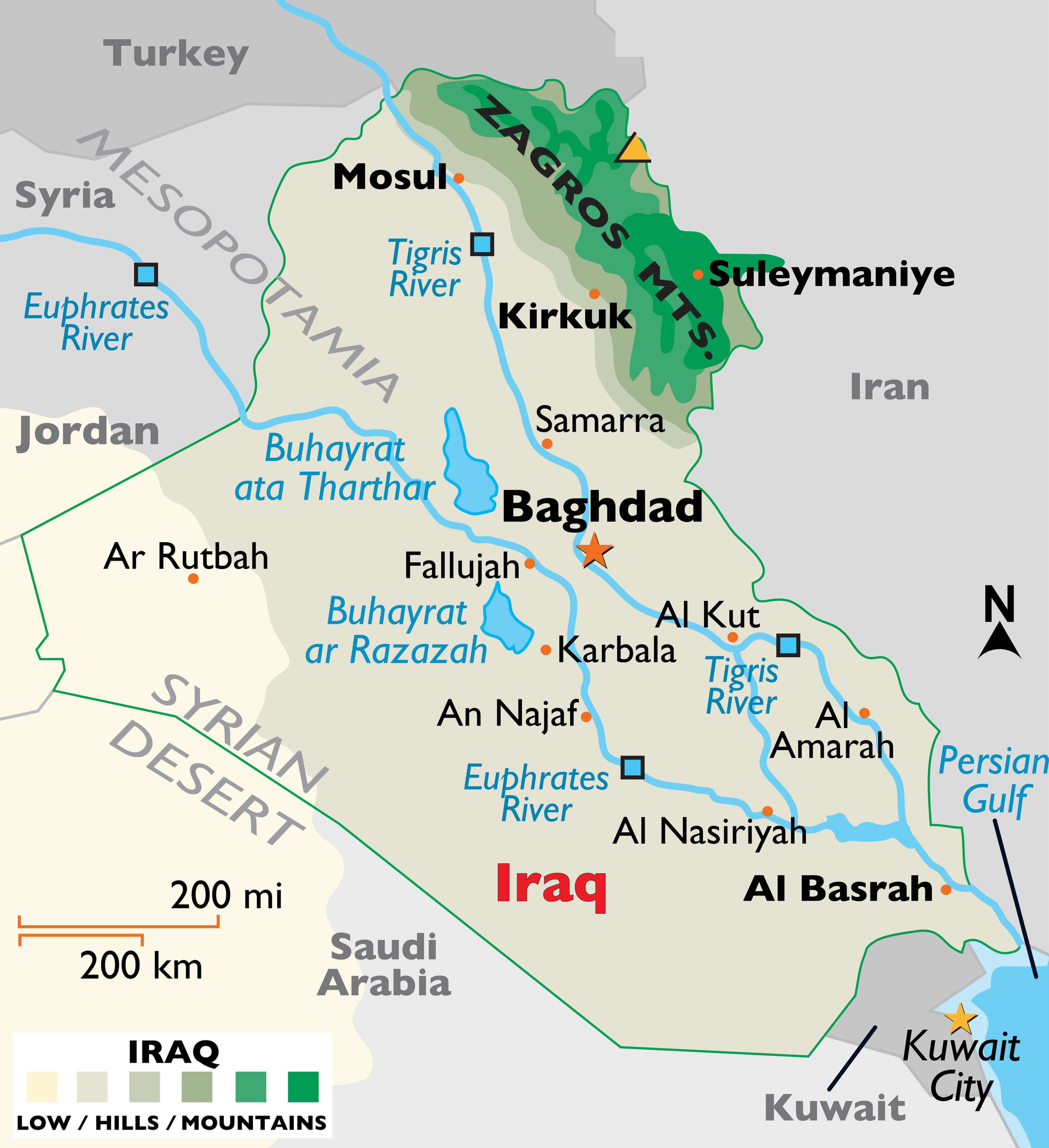 Iraq elevation map with main cities
